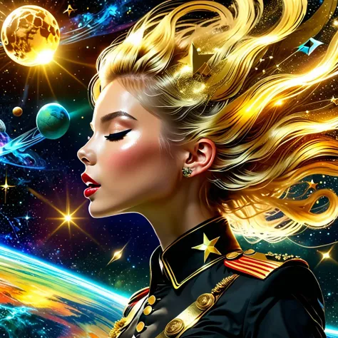 (best quality,4K,8K,High resolution,masterpiece:1.2), super detailed, (actual,photoactual,photo-actual:1.37), rock star, singer, Black tight military uniform, golden accents, Gliding through space, ecstatic singing, Stage lighting, rebellious, glitch art, ...