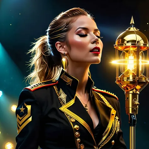 (best quality,4K,8K,High resolution,masterpiece:1.2), super detailed, (actual,photoactual,photo-actual:1.37), rock star, singer, Black tight military uniform, golden accents, Gliding through space, ecstatic singing, Stage lighting, rebellious, glitch art, ...