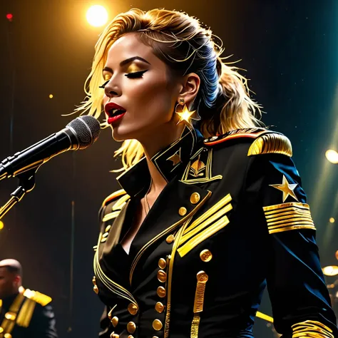 (best quality,4K,8K,High resolution,masterpiece:1.2), super detailed, (actual,photoactual,photo-actual:1.37), rock star, singer, Black tight military uniform, golden accents, Gliding through space, ecstatic singing, Stage lighting, rebellious, glitch art, ...