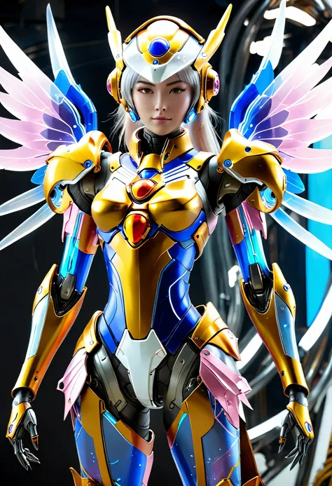 Wearing a mechanical suit, giant mechanical wings，Thousand Hands Kannon，cyberpunk, futuristic armor,arms， whole body, frontal pose, Transparent glass，rich and colorful，complicated (steel metal [rust]), United, Warframe style，Sailor Moon，Mecha girl