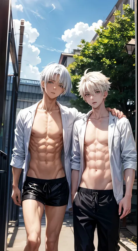 Anime shirtless guy about 16 with white hair at school with his friend who is also shirtless and has yellow hair