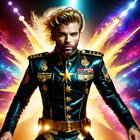 (best quality,4K,8K,High resolution,masterpiece:1.2), super detailed, (actual,photoactual,photo-actual:1.37), rock star, singer, Black tight military uniform, golden accents, Gliding through space, ecstatic singing, Stage lighting, rebellious, glitch art, ...