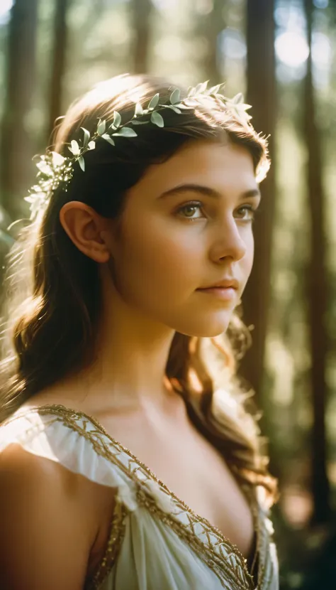 analog film photo, photo of a teen girl, (greek chiton:1.1), elf, elf ears, long pointy ear tips, brown eyes, light-brown sun-tanned skin, goosebumps, pretty, natural beauty, resembles a young Mary Elizabeth Winstead, misty morning, elven forest, RAW Photo...