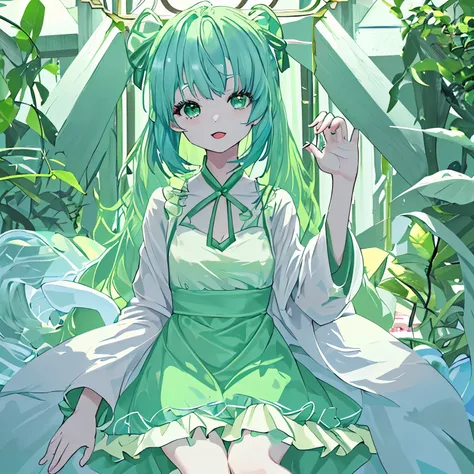 cute、fun、diagonal、Light green dress、blue hair、light green eyes、one person