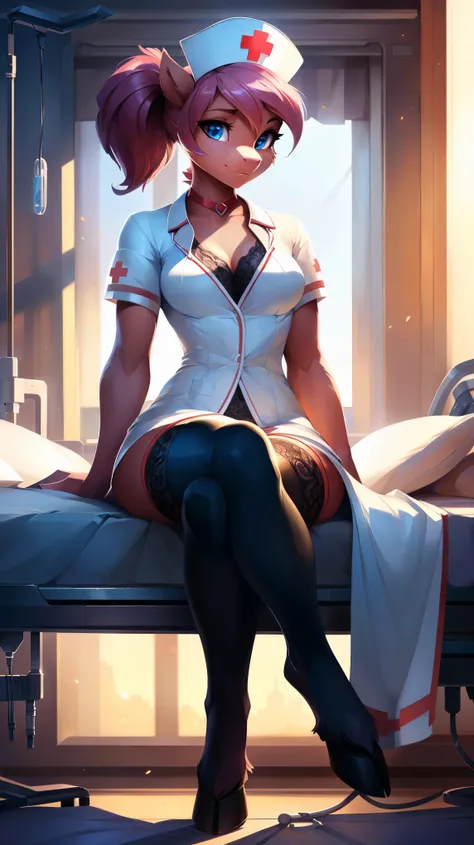 uploaded on e621, by Bayard Wu, by Thomas Benjamin Kennington, by Einshelm, solo anthro, ((Portrait)), ((Wear a nurse uniform, open medical gown)), (white stockings, lacy lingerie), (detailed Bonifasko lighting), (Detailed fur), (detailed skin), (Cinematic...