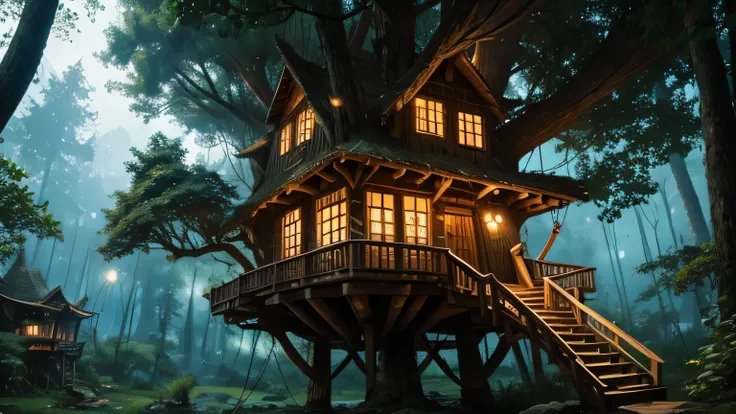 A giant treehouse village nestled in an ancient forest, connected by rope bridges and lit by fireflies.