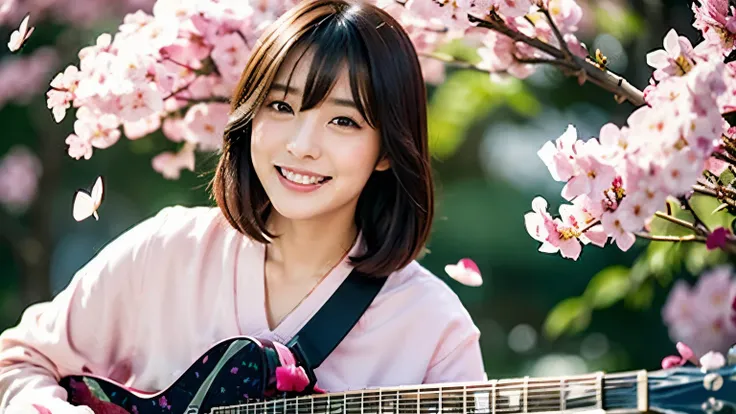 (Daisaku), (Extreme Quality), (Super Meticulous), (upper Body: 1.2), 1girl, Chibi, Cute, Smile, Open Mouth, Flower, Outdoor, Play Guitar, Music, (Hold Guitar:1.2), Coat, Blush, Tree, Shirt, Short Hair, Cherry Blossoms, Misty, Brown Hair, Blush Sticker, Lon...