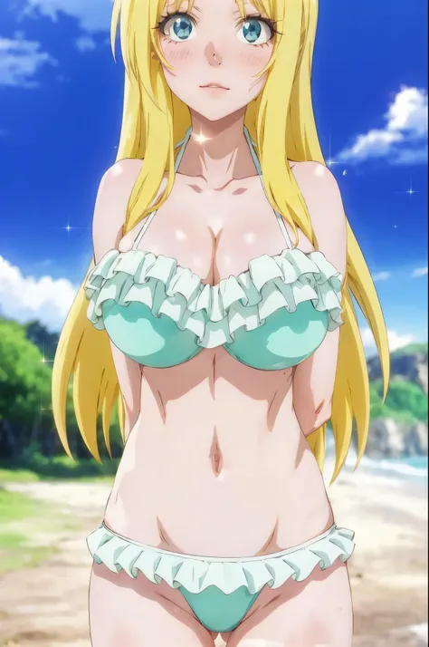 a woman in a bikini top and panties standing on a beach, anime girl named lucy, anime best girl, blonde anime girl with long hair, full body close-up shot, asuna yuuki, anime goddess, seductive anime girl, anime hi-fructose, nami from one piece, female ani...