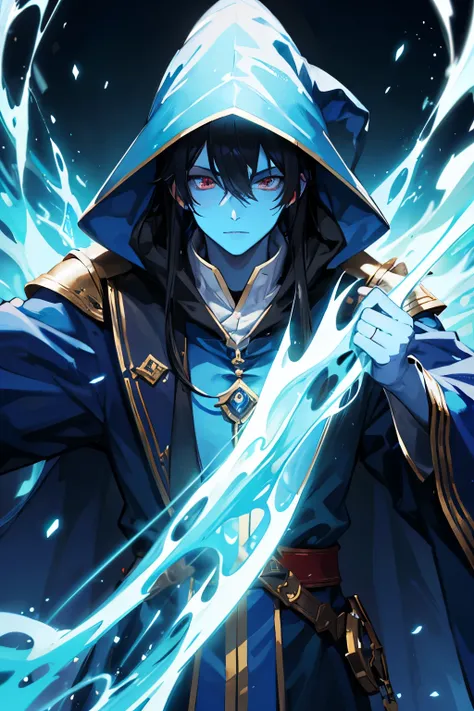 enterily blue skin, wizard, glowing background, blue and red robes, black hair, completely white eyes, male, white eyes