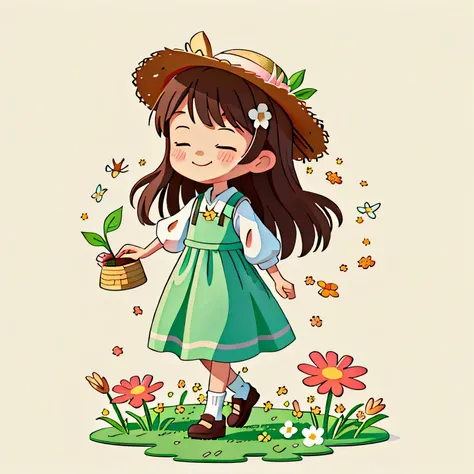 brown hair girl，穿上spring的衣服，spring（wearing a straw hat）（hold love in hands）Wandering among flowers，early morning，（There is love）happy，surrounded by love，surrounded by love，logo，vector，line art，design，inspiration，straight line，cheap