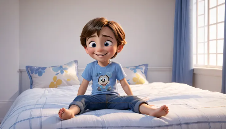 (best quality,4k,8k,highres,masterpiece:1.2),ultra-detailed,(realistic,photorealistic,photo-realistic:1.37),HDR,UHD, studio lighting . Billy is a 5 year old  small boy with wide eyes and short brown hair, he wears a blue jean and white tee-shirt, is sittin...