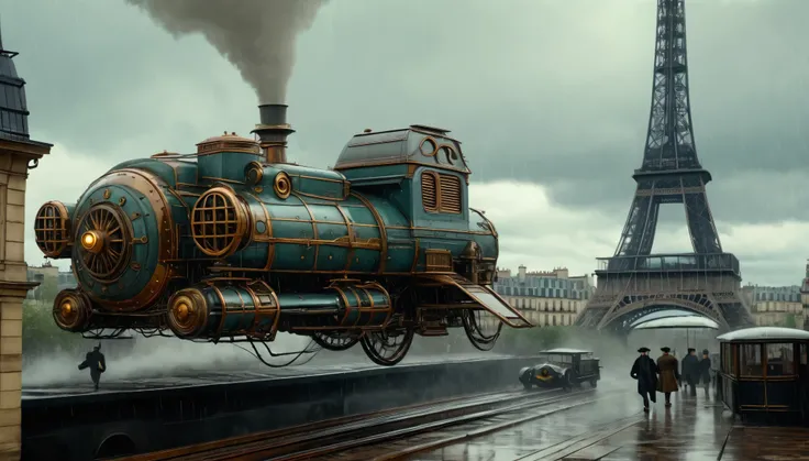 A highly detailed steampunk hover train is flying low in 1908 the weather is raining in the little station streets and old steampunk buildings around with the eiffel Tower in the background