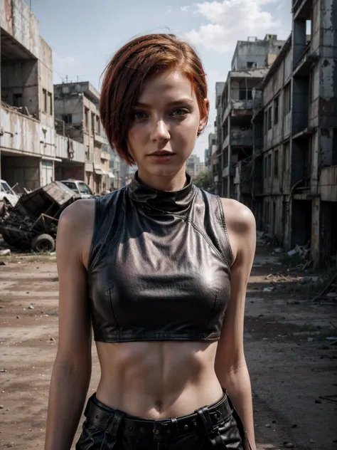 a mid portrait photo of 30 y.o woman in wastelander clothes, red hair, short haircut, pale skin, slim body, the background is city ruins, clean face, wearing a leather outfit, realistic textured eyes, (high detailed skin:1.2),8k uhd, dslr, soft lighting, h...