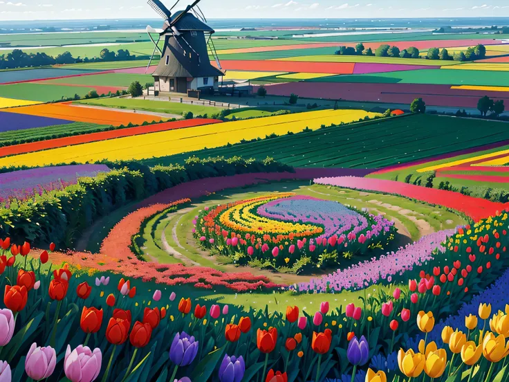 arafed view of a windmill in a field of tulips, colorful, dutch camera view, with flower fields as foreground,