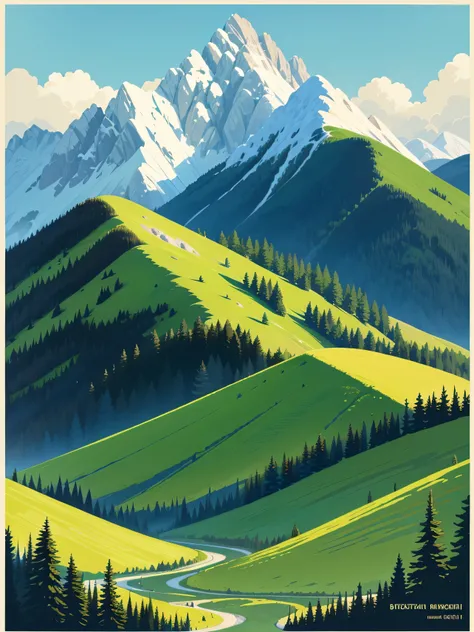 
Samivel vector drawing, Retro poster, vector poster, green mountains, British Columbia landscape, evergreen trees, Inspired by Samivel. pastel colors, soft colors, muted colors, no people, no figures, high quality, very detailed, landscape, wide angle