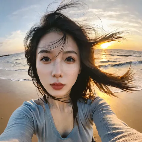 a woman takes a fisheye selfie on a beach at sunset, the wind blowing through her messy hair. The sea stretches out behind her, creating a stunning aesthetic and atmosphere with a rating of 1.2.