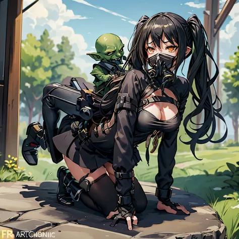 masterpiece, (((goblinriding, a goblin is riding a girl))), goblin, mutiple goblins, goblins, (((all fours))), 1girl, (swimsuit:...