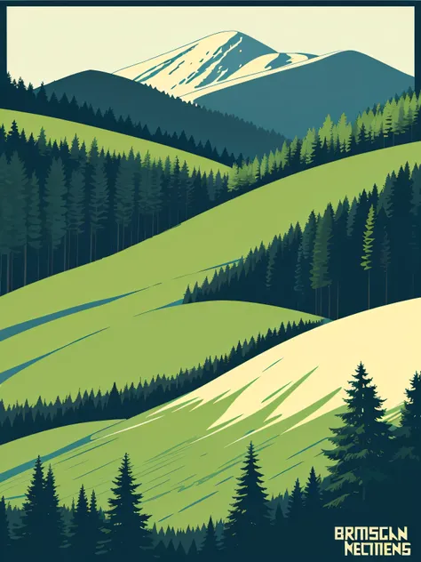 samivel vector drawing, retro poster, vector poster, green mountains, british columbia landscape, evergreen trees, inspired by s...