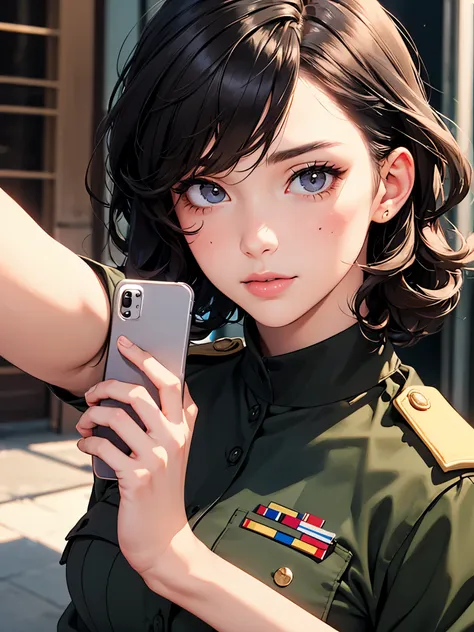 girl wearing army combat uniform, top lens,((selfie)), random background, kiss, fair, french short curly hair, tear nevus under ...