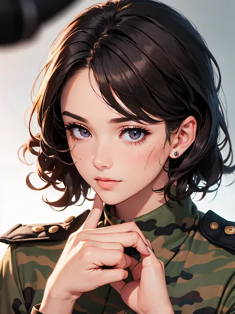 girl wearing army combat uniform, top lens,((Selfie)), random background, kiss, fair, French short curly hair, Tear nevus under left eye, medium breasts, Nevus on left upper chest, Flirting look, ((Very detailed)), (Perfect facial details), (Detailed hands...