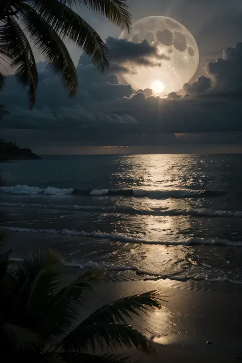 Sea, coconut trees,. Water, dark skies, fullmoon, rear angle, high resolution, detail,