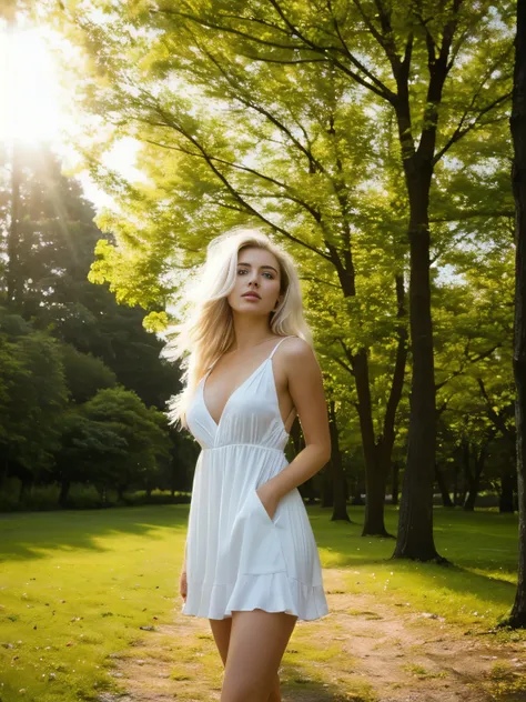 Young platinum blonde woman with long hair, beautiful medium size breasts, gaze directed into the distance, she stands under the trees, and sunlight, leaf-penetrating, plays on her hair, making them almost golden. She is wearing a light summer dress, and i...