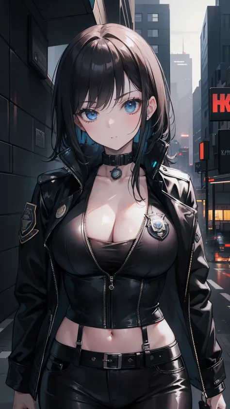 Portrait of Enhuis, beautiful face, Cyberpunk City at night. she is wearing a leather open jacket,lingerie,  black jeans, dramatic lighting, (police badge:1.2).