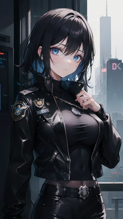 Portrait of Enhuis, beautiful face, Cyberpunk City at night. she is wearing a leather open jacket,lingerie,  black jeans, dramatic lighting, (police badge:1.2).