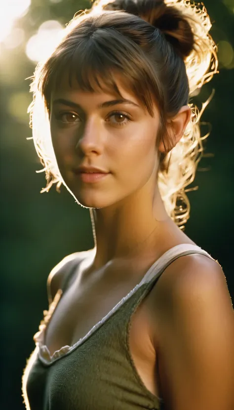 analog film photo, photo of a young girl, 18 years-old, (tank top:1.1), elf, elf ears, long pointy ear tips, brown eyes, messy ponytail, light-brown sun-tanned skin, pretty, natural beauty, resembles a young Mary Elizabeth Winstead, humid day, elven forest...