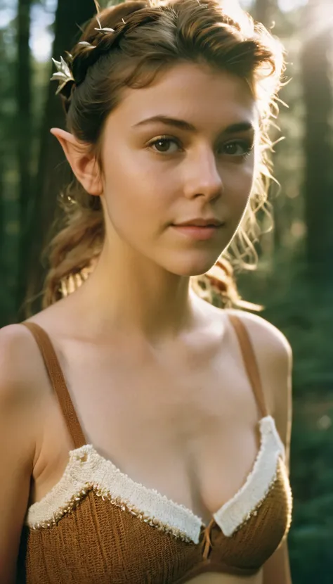 analog film photo, photo of a young girl, 18 years-old, (rib-knit bra:1.1), elf, elf ears, long pointy ear tips, brown eyes, messy ponytail, light-brown sun-tanned skin, pretty, natural beauty, resembles a young Mary Elizabeth Winstead, humid day, elven fo...