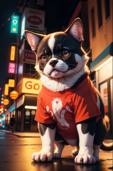 retrato, Lindo cachorro de gato con ropa de oveja, poca luz, grumpy, In a city of night neon 8K