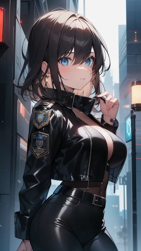 Portrait of Enhuis, beautiful face, Cyberpunk City at night. she is wearing a leather open jacket,lingerie,  black jeans, dramatic lighting, (police badge:1.2).