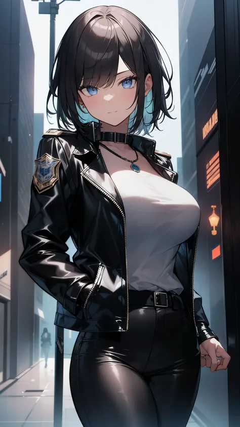 Portrait of Enhuis, beautiful face, Cyberpunk City at night. she is wearing a leather open jacket,lingerie,  black jeans, dramatic lighting, (police badge:1.2).