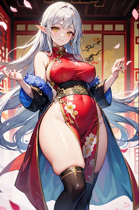 realistic image, coherent image, detailed image, 1 beautiful elf. She has silver hair, long hair. Yellow eyes, long eyelashes. Her face is oval and delicate. Smiling. She wears a red Cheongsam, side slits. She has a curvy body, medium breasts and thick thi...