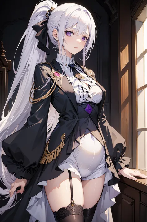 (best quality:1.3), (masterpiece:1.3), (illustration:1.3), (ultra-detailed:1.3), (imid shot:0.9), 1girl, medium breasts, purple eyes, (((white hair))), hair ornaments, young, outfit-gladiia, long hair, tied hair, indoors, black shorts, thigh-highs, low pon...