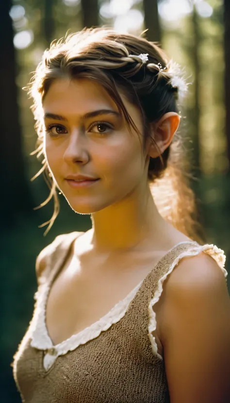 analog film photo, photo of a young girl, 18 years-old, (rib-knit top:1.1), elf, elf ears, long pointy ear tips, brown eyes, messy ponytail, light-brown sun-tanned skin, pretty, natural beauty, resembles a young Mary Elizabeth Winstead, humid day, elven fo...