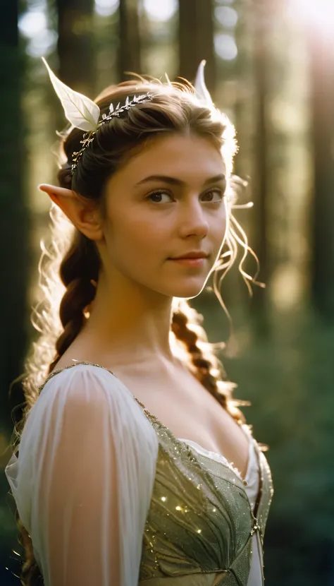 analog film photo, photo of a young girl, 18 years-old, (elven bra:1.1), elf, elf ears, long pointy ear tips, brown eyes, messy ponytail, light-brown sun-tanned skin, pretty, natural beauty, resembles a young Mary Elizabeth Winstead, humid day, elven fores...