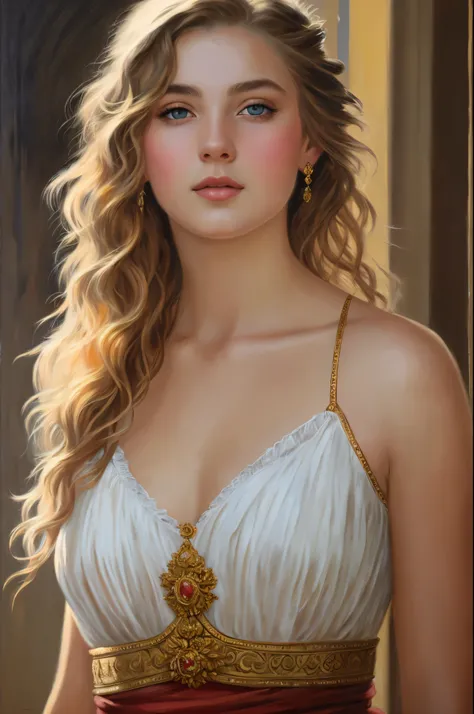 portrait, girl, middle ages, classicism, andrey atroshenko style, painting, pierced eyes, beautifully styled hair, traditional media, realistic, figurative, fine art, oil on canvas, HDR, 8K, original character, high resolution, high detail, focus on the fa...