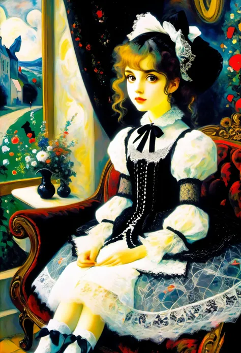 Baroque, gothic lolita, cute, 1girl, solo, full body, black sofa, black dress, absurdres, white lace,((Marc Chagall style)), magical naive art, primitivism, protogenes,((Best quality, masterpiece)),
(Higher detail), Impressionism:1.1, 8k