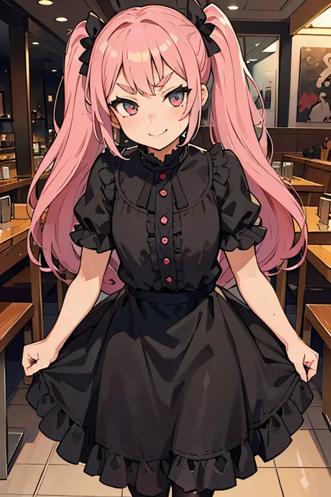 young girl with pink hair long twin-tail hairstyle, small thick eyebrows, with gothic lolita clothes, lolicon (Zankuro) drawing style of the zankuro artist, Zancrow style, image uploaded to R34, walking in the mall, flirty smile , suddenly having sex in pu...