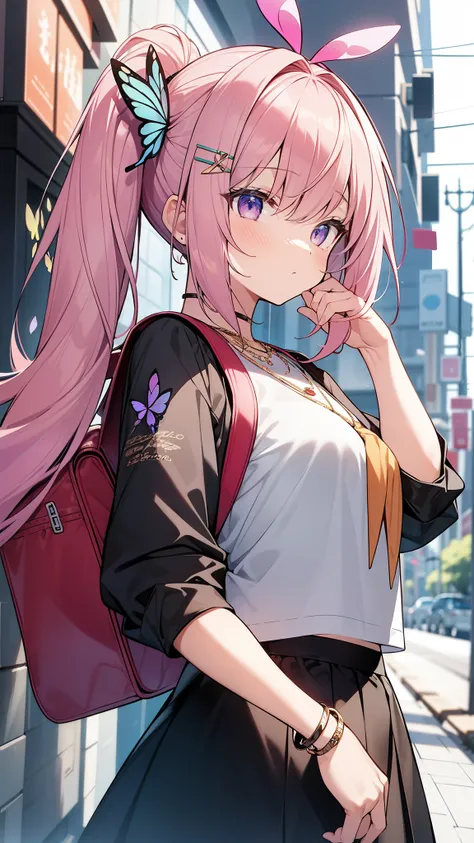 32k, best quality, ultra high res, HDR, UHD, extremely detailed CG unity 32k wallpaper, (((cute gal))), (streets of the world background), ultra quality hair, pink hair, ultra quality eyes, purple eyes, side ponytail, (butterfly hair ornament), peek from b...