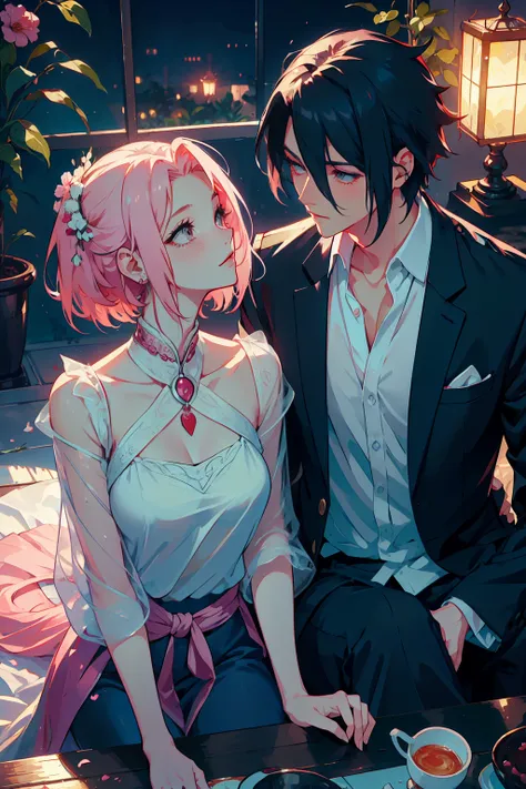 sasusaku the couple in the photo are deeply in love and lost in the moment. sasuke, the man is tall and handsome, wistoh chisell...