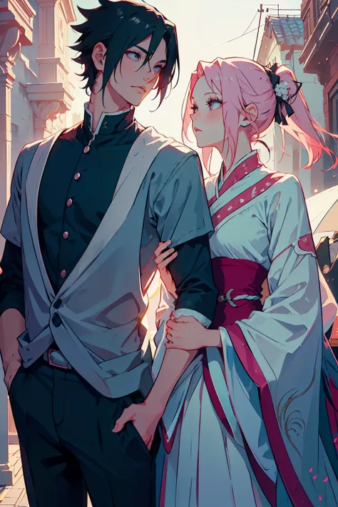 Sasusaku The couple in the photo are deeply in love and lost in the moment. Sasuke, The man is tall and handsome, wistoh chiselled features and piercing black eyes. He has a confident and charismatic demeanor, And his love for the woman is evident in the w...