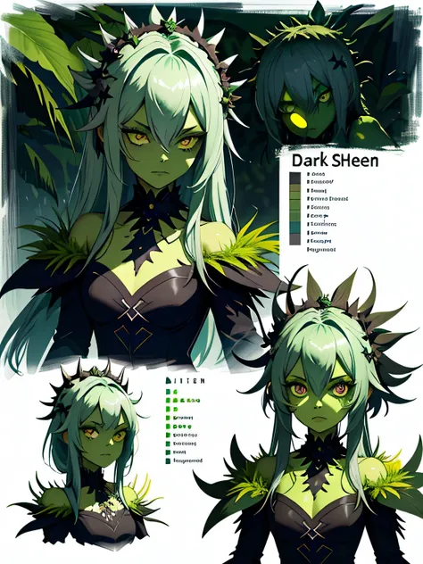 (Character sheet list), concept art, dark (cactus girl), monster girl, (white eyes), dark green skin, ((green skin)), messy grass hair, bare shoulders, grass crown, cold lighting, highly detailed art, many details, highly detailed dark fantasy, masterpiece