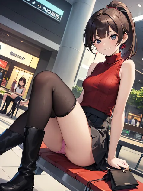 (masterpiece, highest quality, High resolution, realistic pictures, realistic skin:1.1),
(女性はShopping Mall Benchに座っている:1.8),
(she is sitting with her legs closed: 1.8),
(her skirt is so short、I can almost see the pants: 1.8),
(Please use the female panty s...