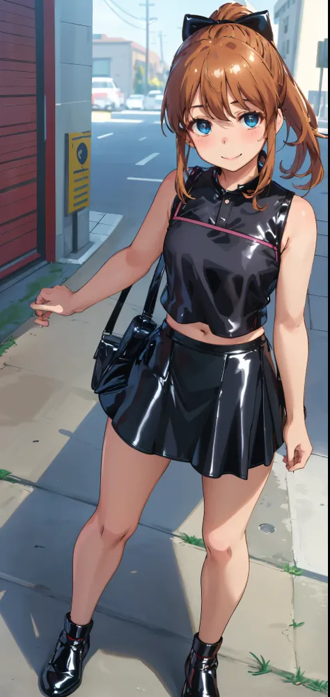 best quality, (masterpiece:1.2), highly detailed, standing, street,
1girl, solo, akatsuki minami,
looking at the viewer, closed mouth, smile, slight blush,
blue eyes, brown hair, ponytail, hair bow, sleeveless, ((dominant girl, latex skirt,  latex shirt))