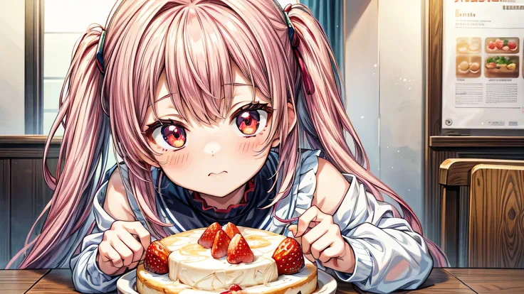 chica anime comiendo un pastel con fresas y fresas en una mesa, anime visual de una linda chica, linda chica anime, estilo de arte anime de alta calidad, joven chica anime, retrato detallado de chica anime, hermoso retrato animado, Arte anime limpio y deta...