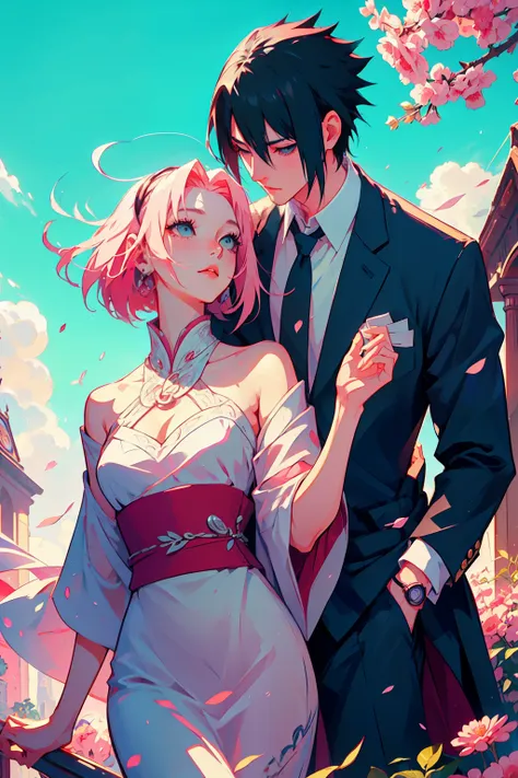 sasusaku the couple in the photo are deeply in love and lost in the moment. sasuke, the man is tall and handsome, wistoh chisell...