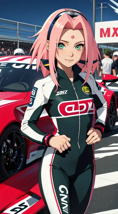 tmasterpiece， Best quality at best， 1girll， Sakura Haruno，Raised sexy，is shy，ssmile，with pink hair， long whitr hair， （Green eyeballs:1.4)， Forehead protection, Pole Position, holding a race helmet in hands, standing inside of her race car,s,anime style, br...