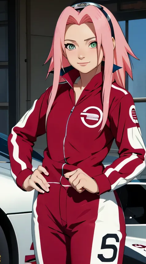 tmasterpiece， Best quality at best， 1girll， Sakura Haruno， Raised sexy，is shy，ssmile，with pink hair， long whitr hair， （Green eyeballs:1.4)， Forehead protection， wearing nascar suit, standing next to a formula car, exiting crowd